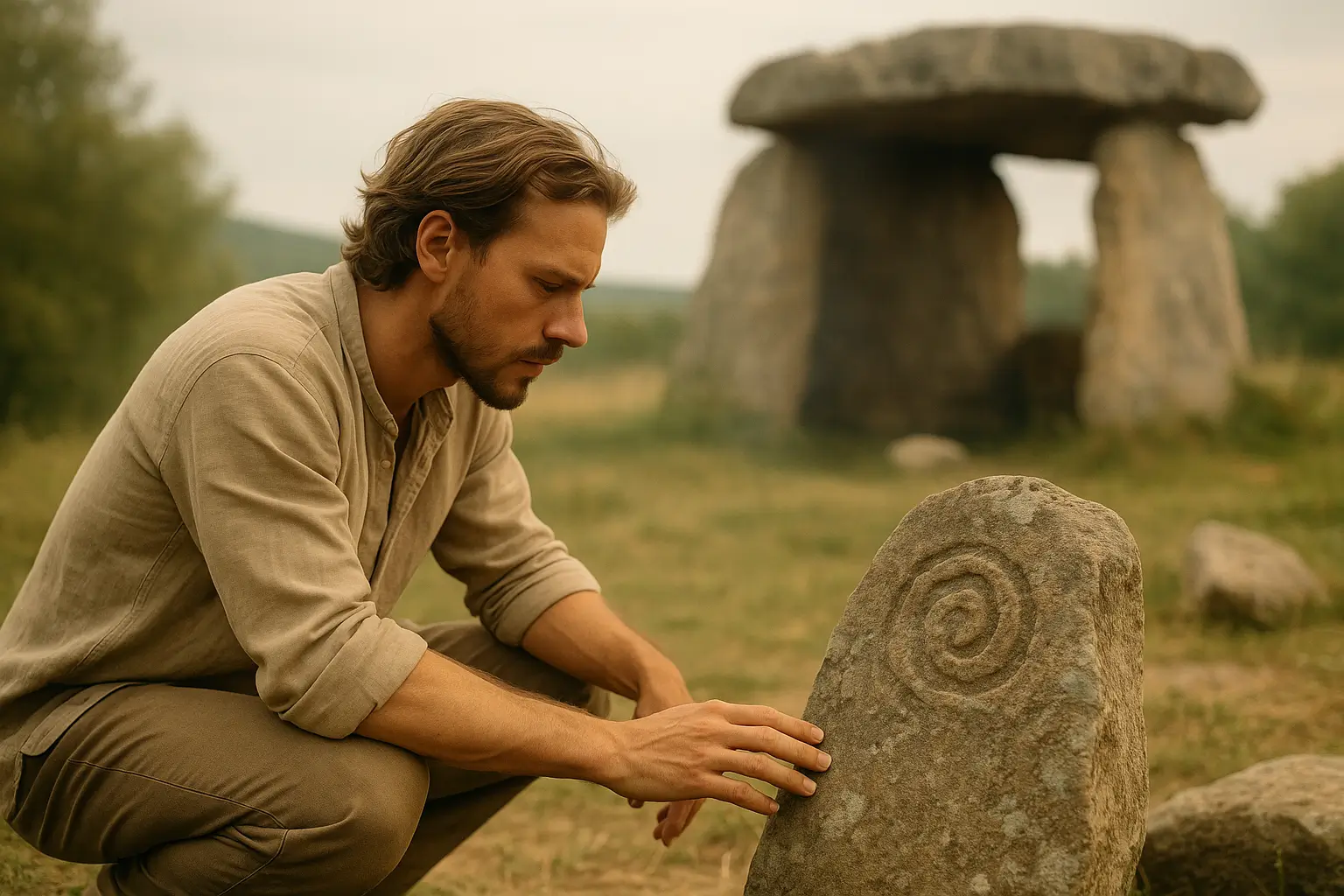 человек изучает древний символ на камне